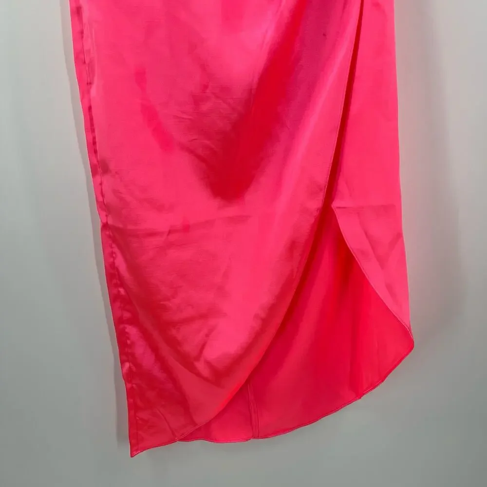 FRENCH CONNECTION Dress Size 6 Adaline Satin One Shoulder Midi Neon Pink NWT